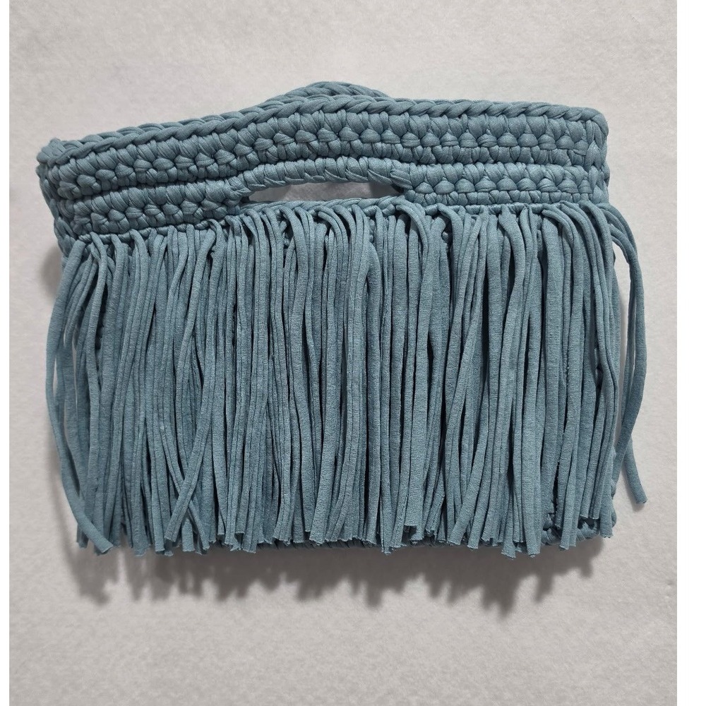 BINGE Boho Blue Crochet Fringe Clutch Bag Chunky Knit Top Handle Bag